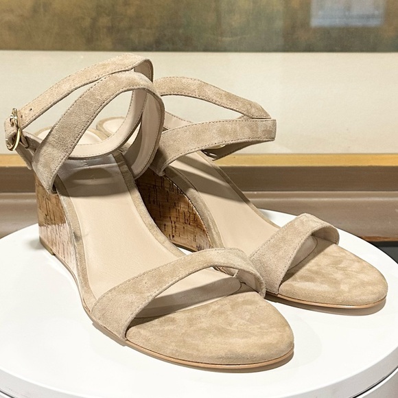 Stuart Weitzman "AVE" Cork Wedge Suede Sandals - $495 - Beige/Tan - Size 9 - Picture 5 of 14